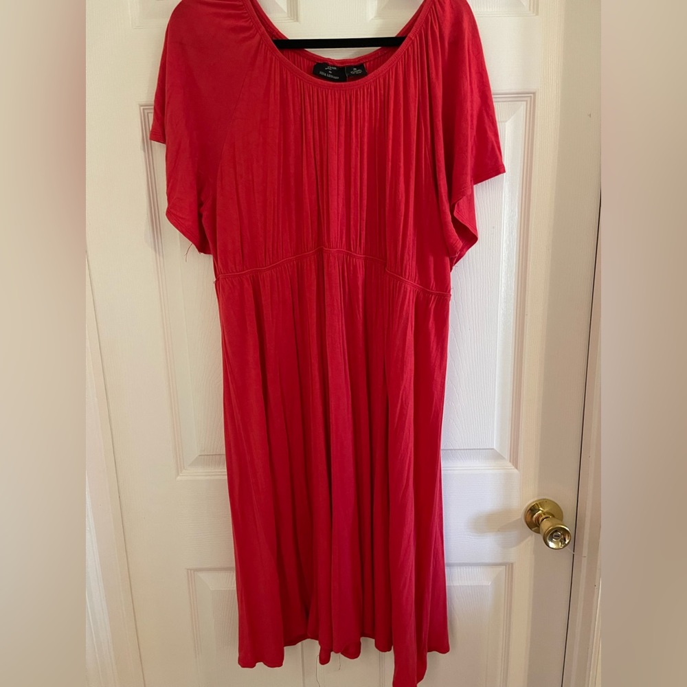 Nina Leonard 2x, scoop neck, super soft fabric, coral; mid length full skirt